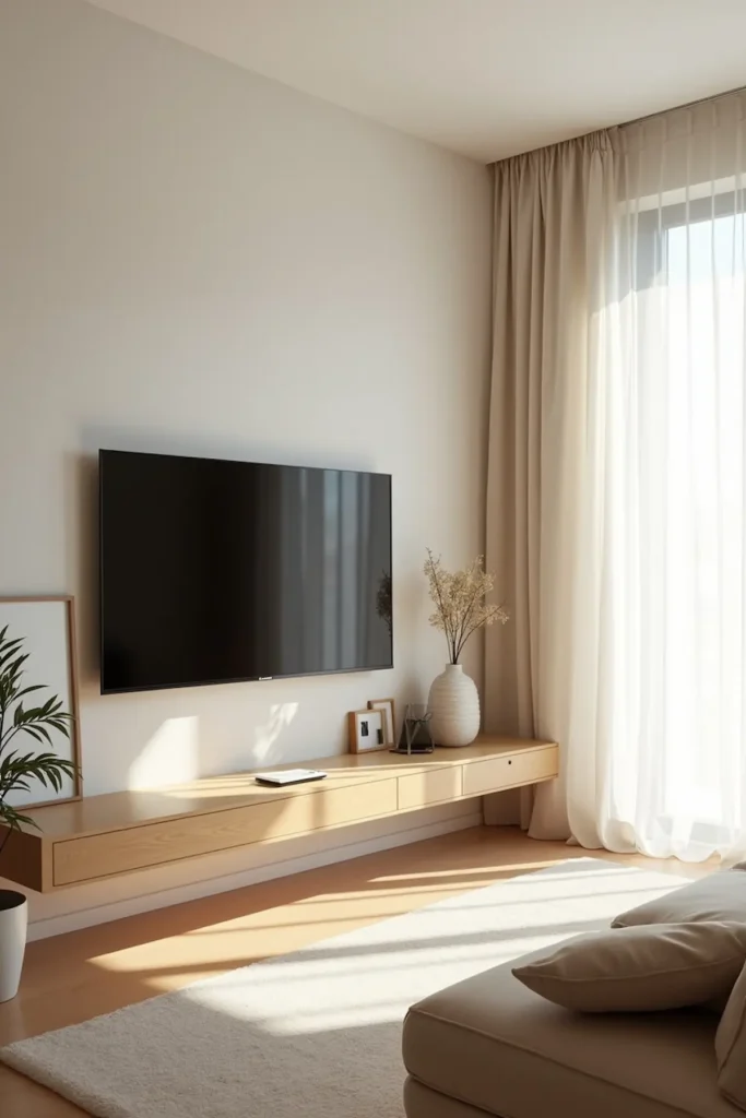 small living room with wall mounted TV and floating shelf setup