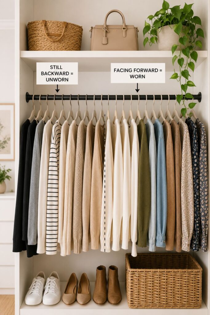 closet with backward hangers used for wardrobe decluttering system