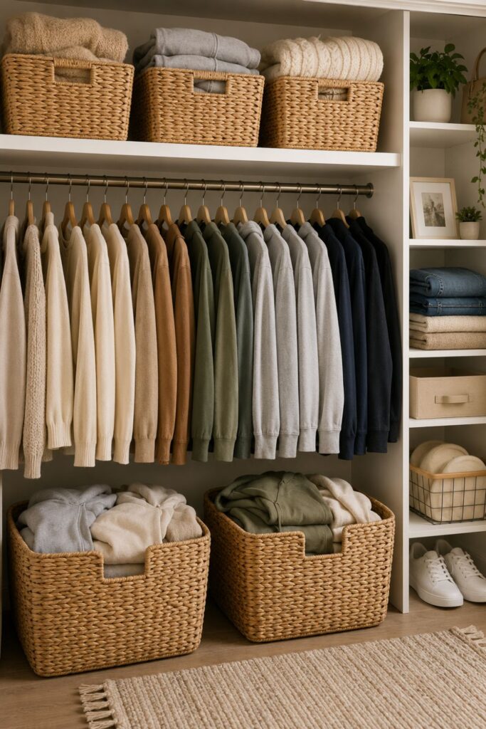 woven storage baskets holding sweaters and bulky clothing in closet
