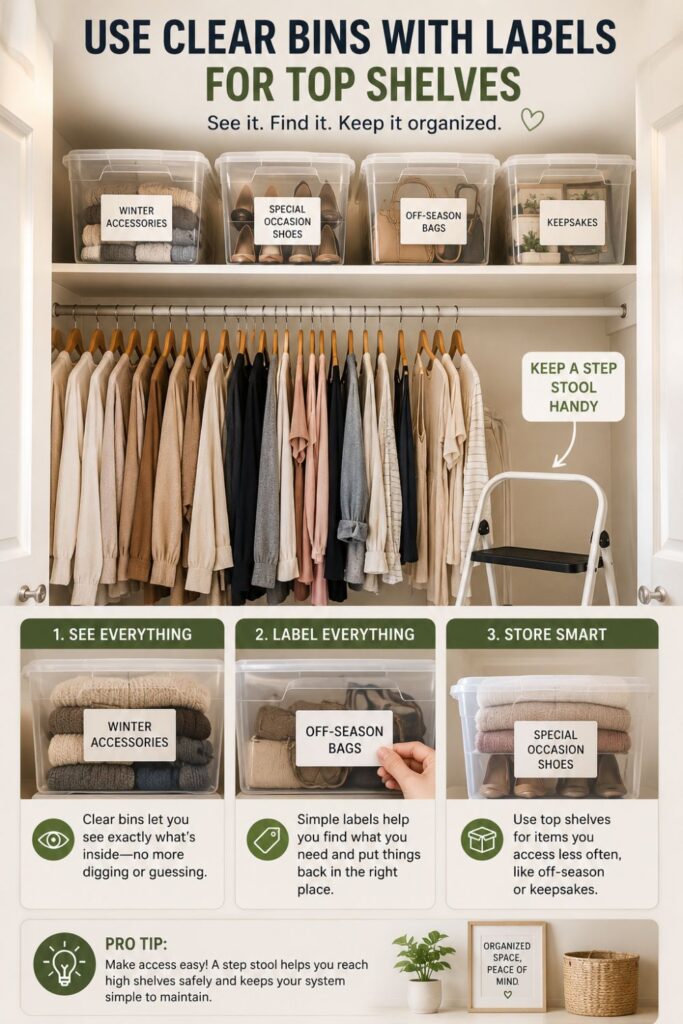 clear labeled storage bins organizing top closet shelves neatly