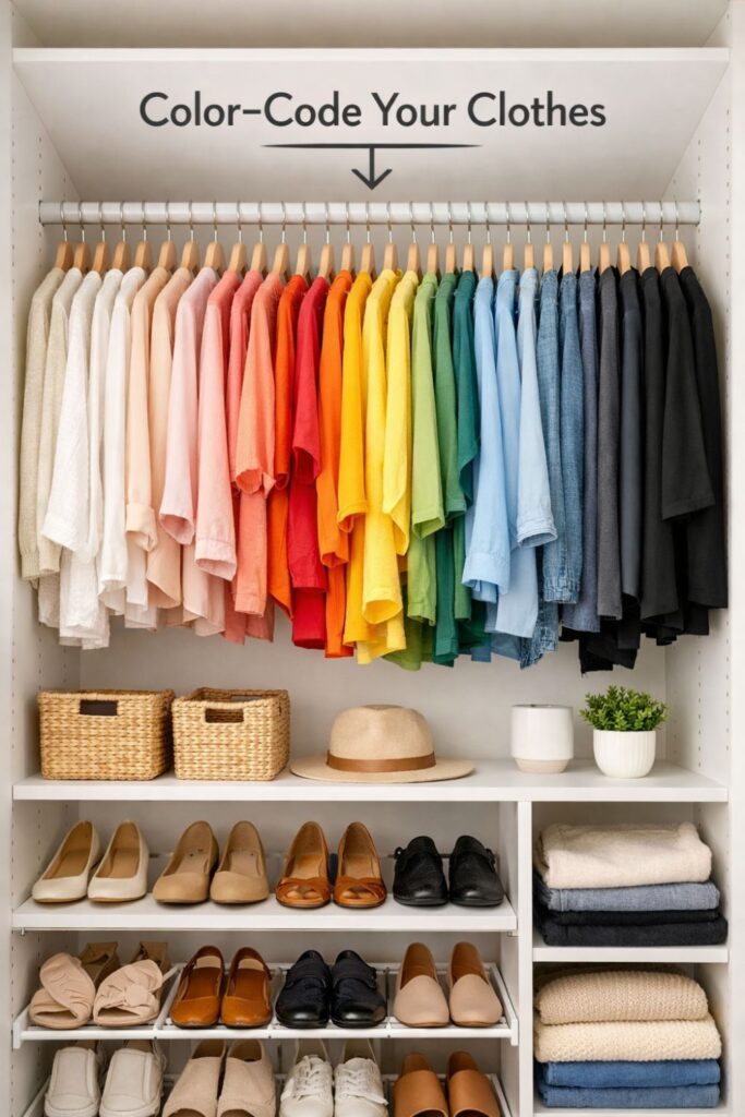 rainbow color coded clothes hanging neatly in small closet