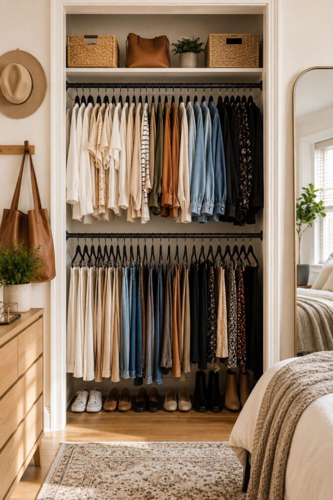 small closet with double hanging rods for shirts pants and jackets