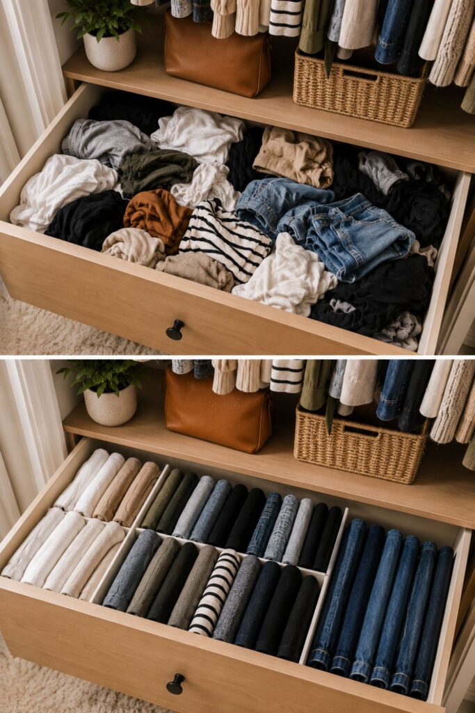 before and after file folded clothes inside small closet drawer