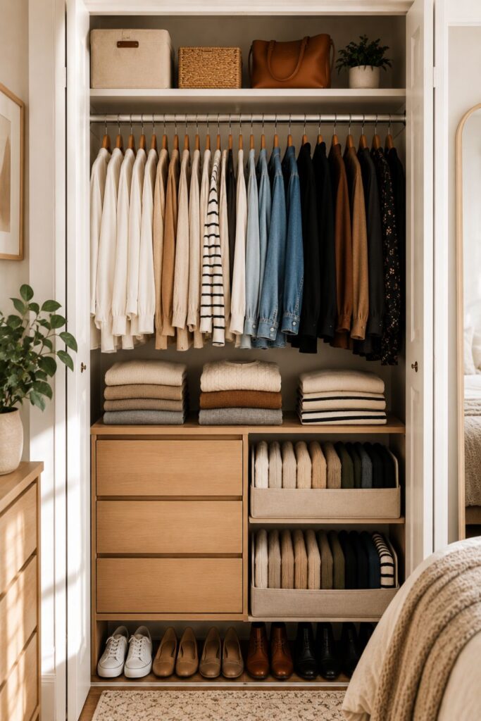 neatly folded sweaters stored on closet shelves in organized small closet