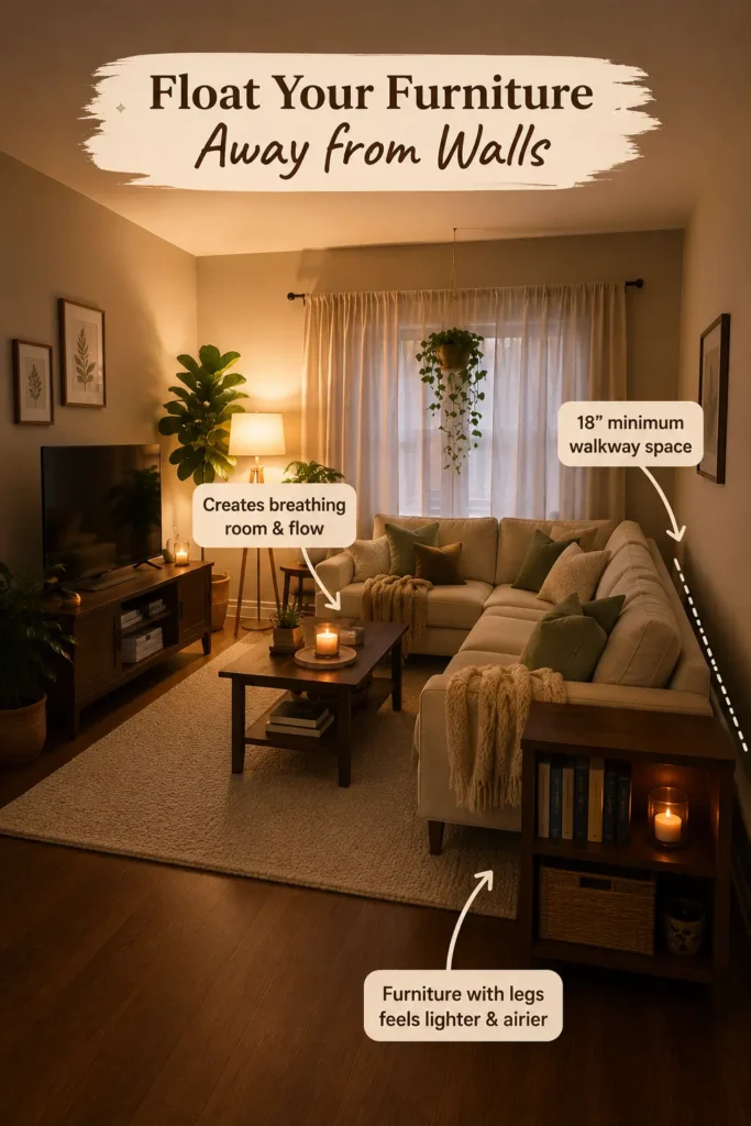 Cozy small apartment living room with floating sofa layout, warm lighting, neutral decor, furniture with legs, and intentional spacing that creates an airy and spacious feel.