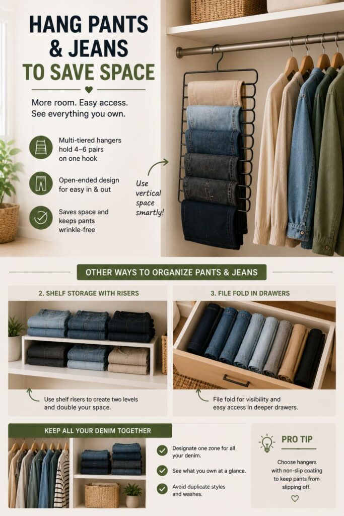multi tier pant hanger organizing jeans and pants in small closet