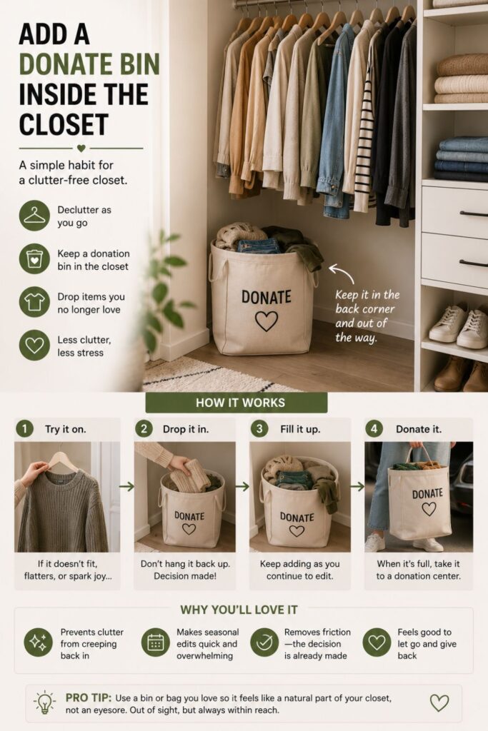 small closet with donation bin for decluttering unwanted clothes
