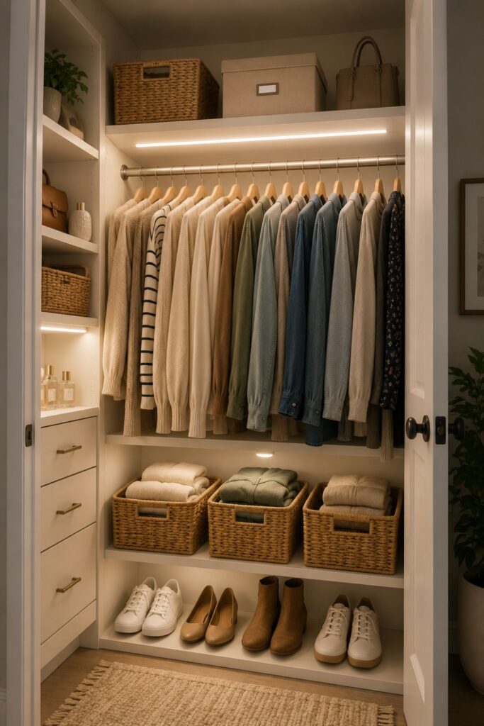LED strip lights brightening dark corners inside organized closet