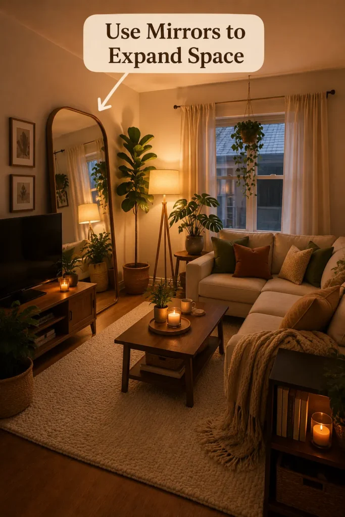 Cozy small apartment living room with a large floor mirror reflecting warm lighting, indoor plants, neutral furniture, and soft earthy decor to make the space feel brighter and bigger.