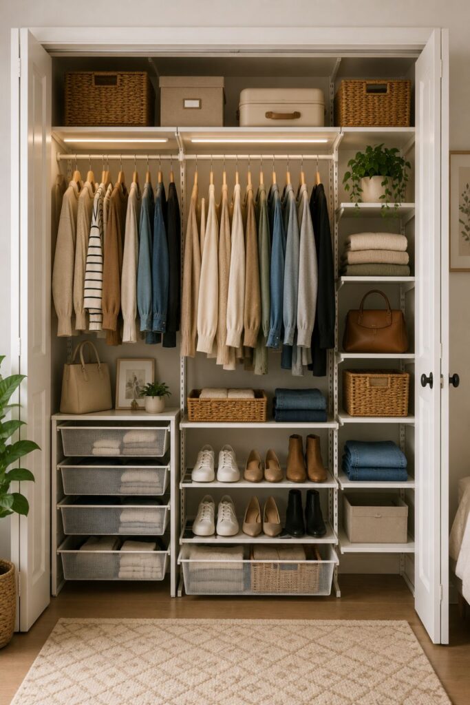 modular closet system with shelves rods drawers and shoe storage