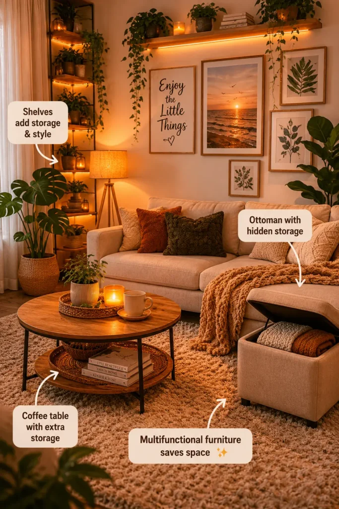 Cozy small apartment living room with multifunctional furniture including storage ottoman, coffee table with shelf, layered lighting, indoor plants, and warm Pinterest-style decor.