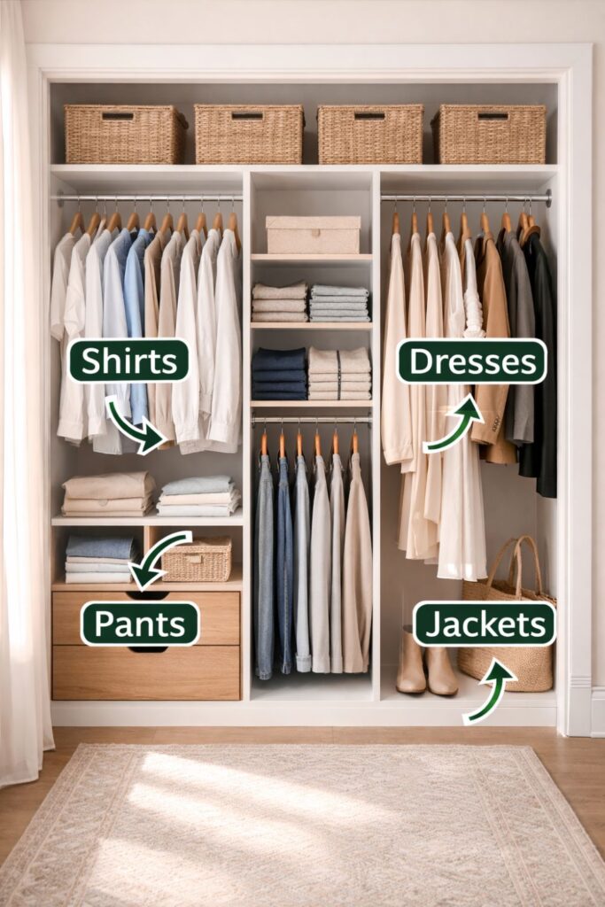 categorized closet organization with shirts dresses pants and jackets labels