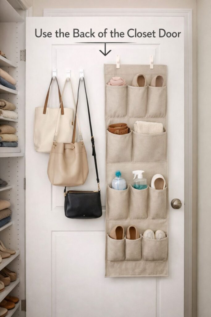 over the door organizer storing bags accessories and essentials in closet