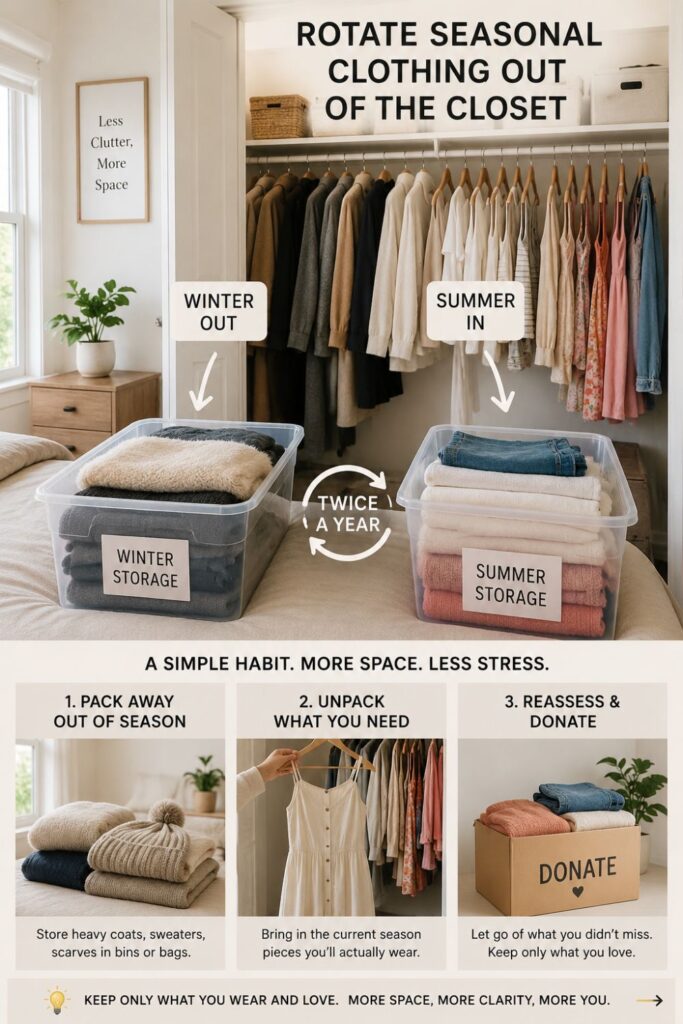 rotating seasonal clothing in small closet with labeled storage bins