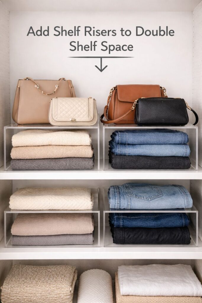 closet shelf risers organizing folded clothes and handbags neatly