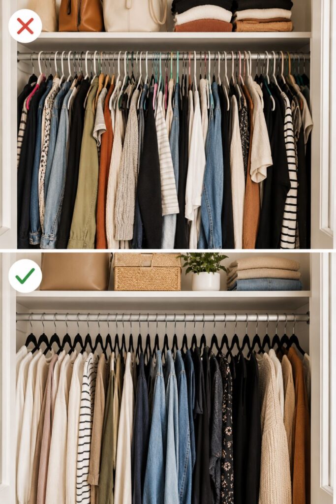 comparison of overcrowded closet and organized closet using slim velvet hangers