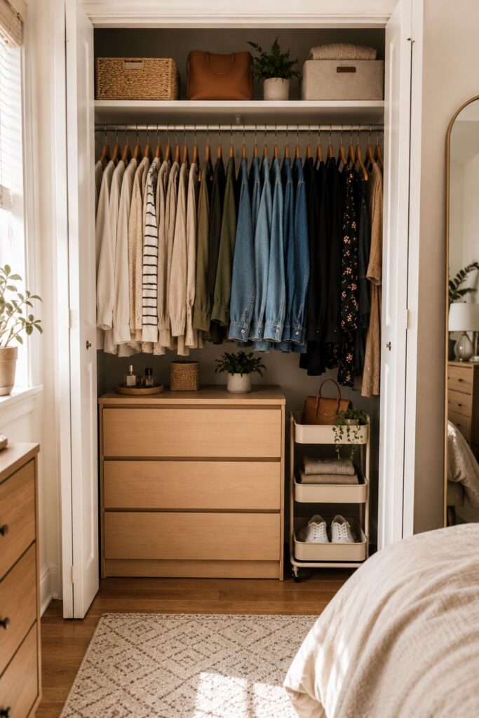 compact dresser placed inside small closet under hanging clothes