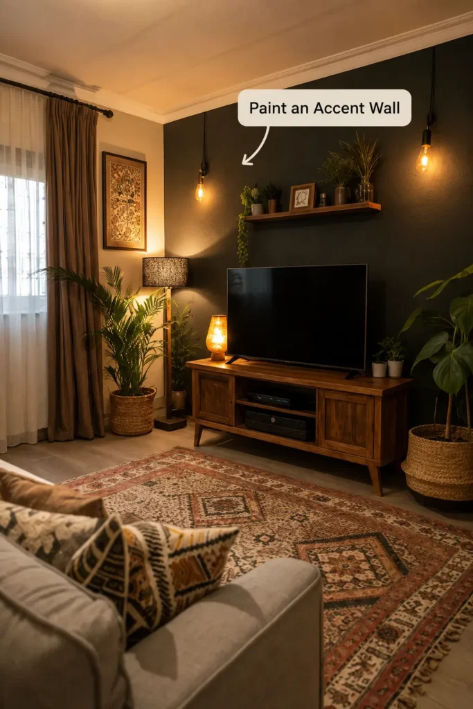 Cozy small apartment living room with a dark moody accent wall, warm lighting, wooden TV console, indoor plants, and layered textures creating a modern cozy aesthetic.