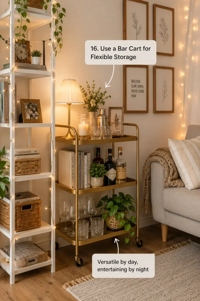 Cozy Scandinavian small living room with warm wood furniture, floating shelves, soft lighting, indoor plants, and neutral decor creating a warm apartment aesthetic.