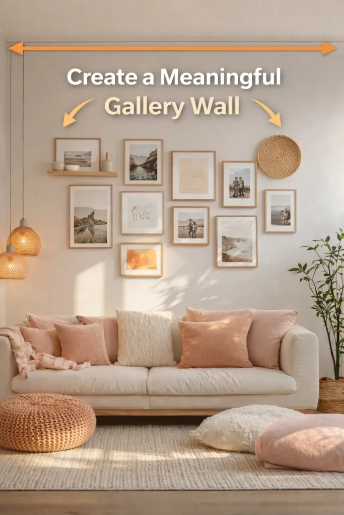 Cozy small apartment living room with a meaningful gallery wall above a cream sofa, featuring warm neutral decor, framed personal art, soft lighting, and aesthetic boho styling.