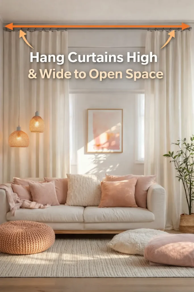 Cozy small apartment living room with high wide curtains, cream sofa, warm lighting, soft neutral decor, and aesthetic boho styling to make the space feel larger.