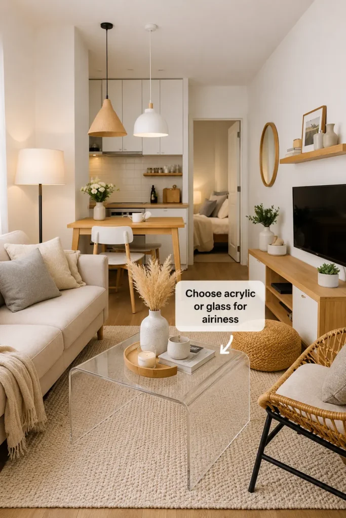Minimalist small apartment living room with acrylic coffee table, neutral decor, warm lighting, cozy furniture, and Scandinavian-inspired aesthetic for visually airy small spaces.