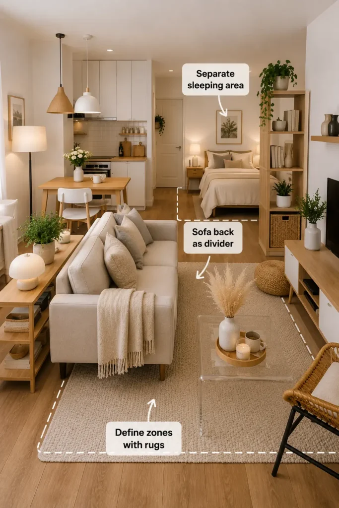 Cozy studio apartment living room with area rug, sofa divider, acrylic coffee table, and Scandinavian decor creating separate living and sleeping zones in a small space.