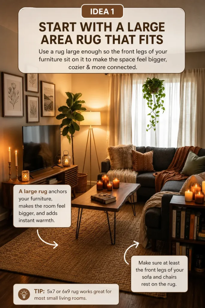 Cozy small apartment living room aesthetic with a large neutral area rug, warm lighting, soft textures, modern furniture, and Pinterest-style decor tips for making small spaces feel bigger.