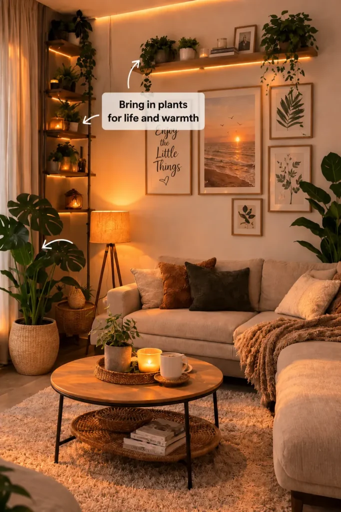Cozy small apartment living room with warm ambient lighting, indoor plants, floating shelves, neutral sofa, and aesthetic decor creating a cozy modern apartment vibe.