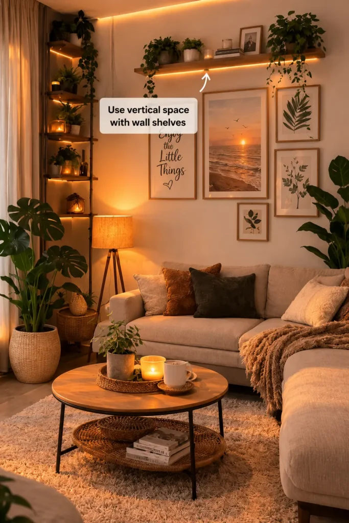 Cozy small apartment living room with warm lighting, floating wall shelves, indoor plants, neutral sofa, and aesthetic decor showing smart vertical storage ideas for tiny spaces.