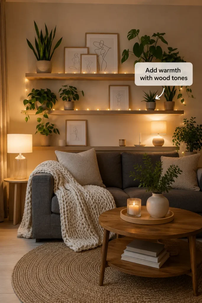 Cozy Scandinavian small living room with warm wood furniture, floating shelves, soft lighting, indoor plants, and neutral decor creating a warm apartment aesthetic.