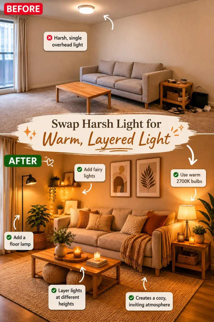 Cozy small apartment living room aesthetic with a large neutral area rug, warm lighting, soft textures, modern furniture, and Pinterest-style decor tips for making small spaces feel bigger.
