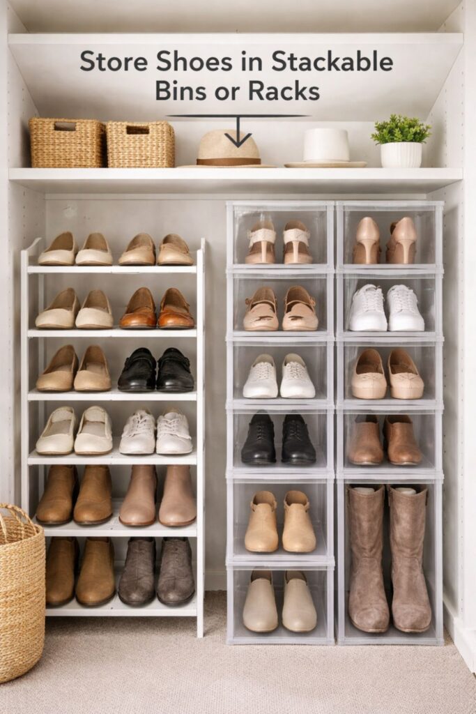 stackable shoe bins and racks organizing shoes in small closet
