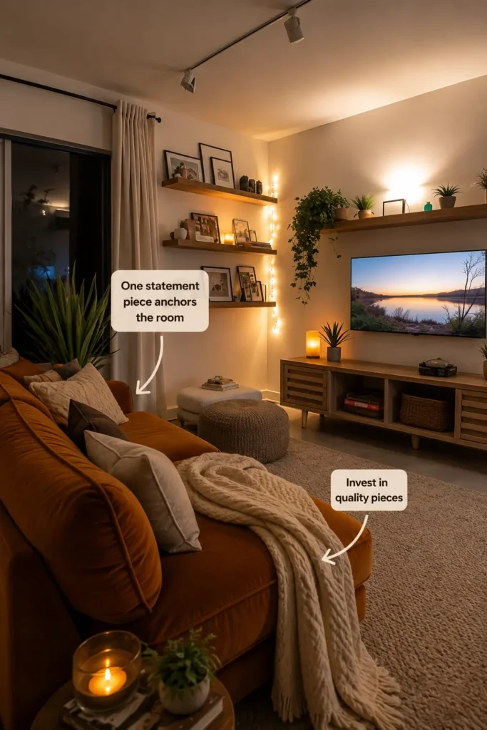 Cozy small apartment living room with a rust velvet statement sofa, warm layered lighting, floating shelves, soft neutral decor, and modern Pinterest-inspired styling.
