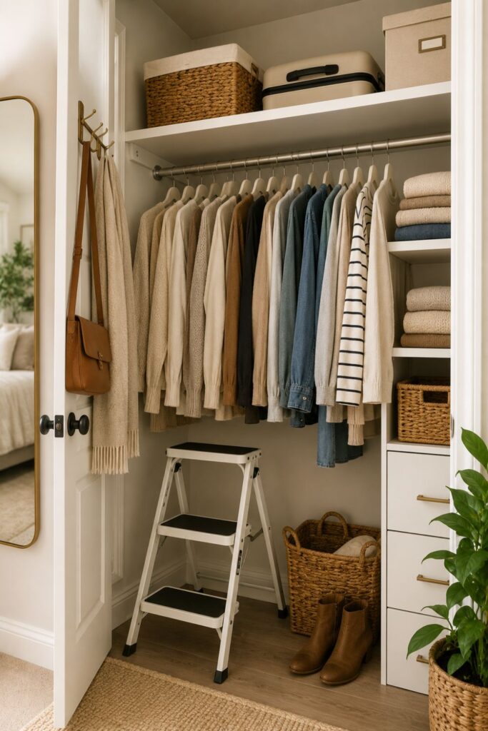 lightweight folding step stool inside organized small closet