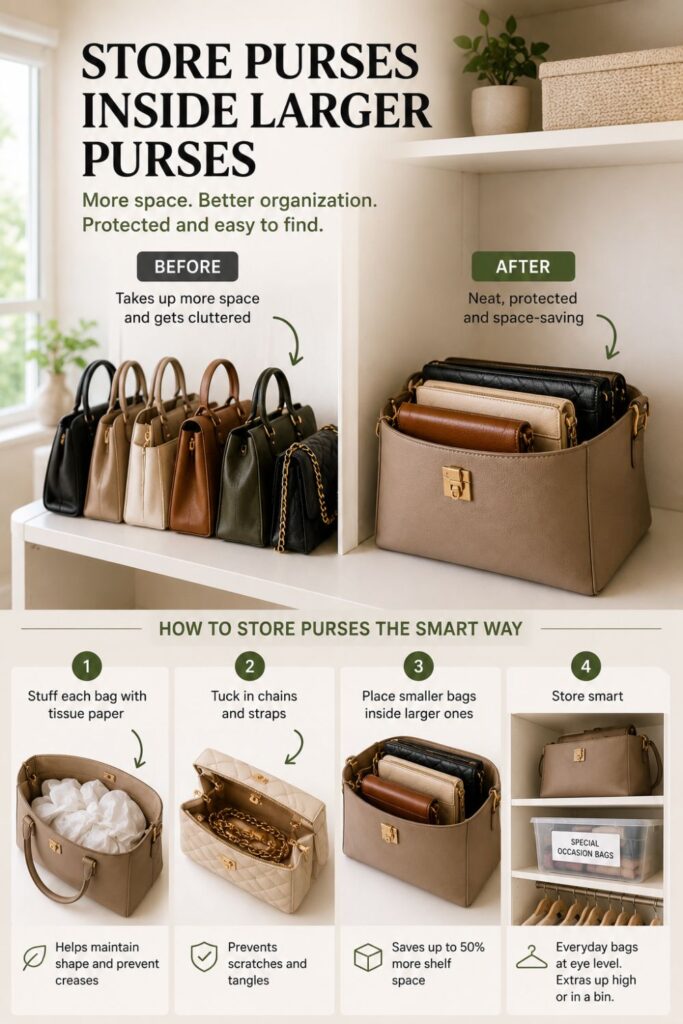 purses nested inside larger handbags on closet shelf organization