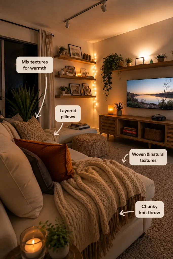 Cozy small apartment living room with layered pillows, chunky knit throw blankets, woven textures, warm lighting, and neutral decor creating a soft Pinterest-inspired aesthetic.