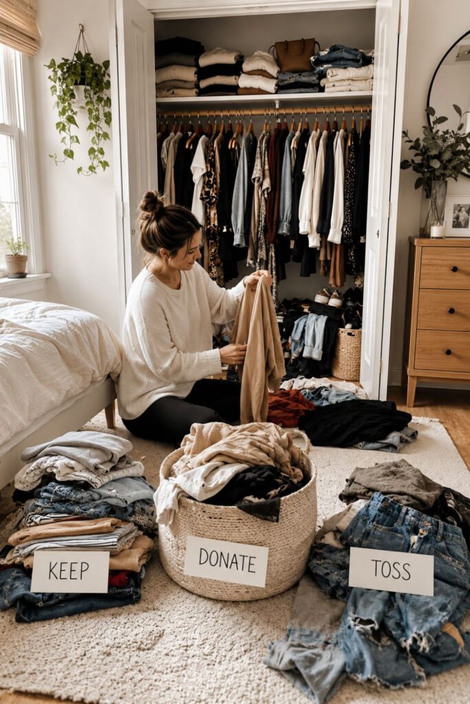 small closet decluttering method with keep donate and toss piles on bedroom floor