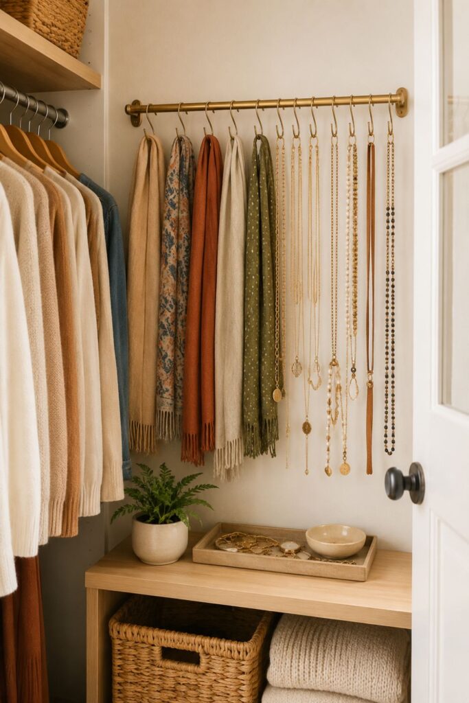towel bar organizer holding scarves necklaces and belts in closet