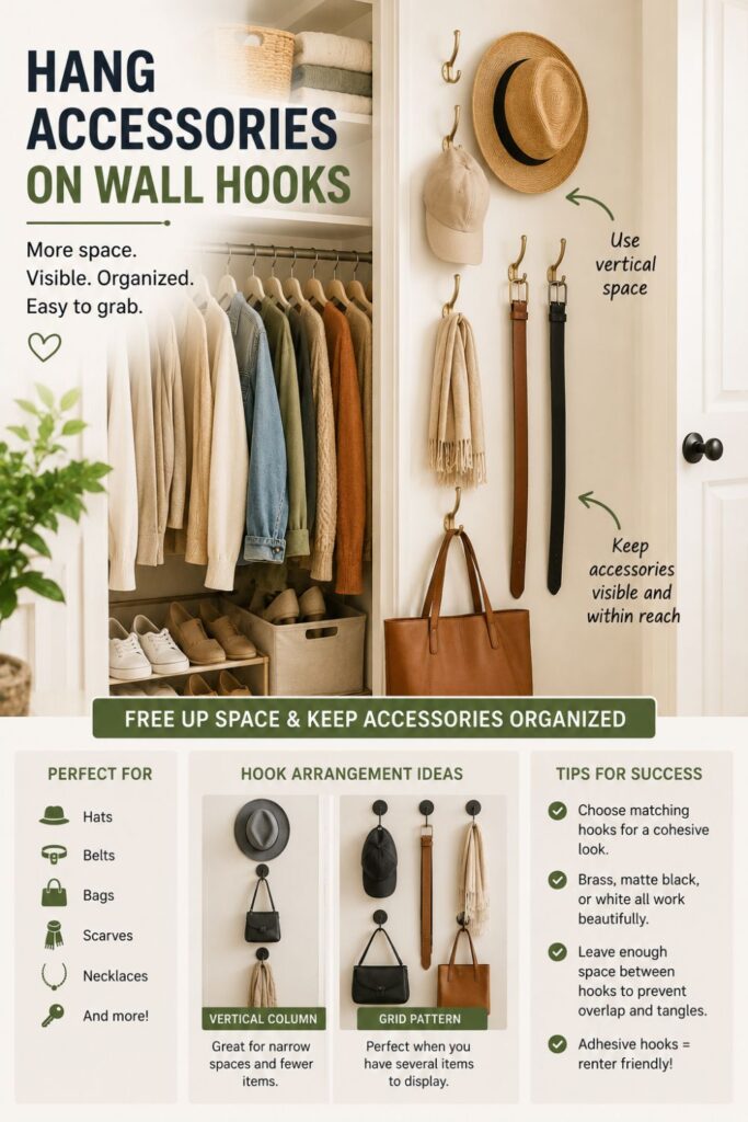 wall hooks organizing hats bags scarves and accessories in closet