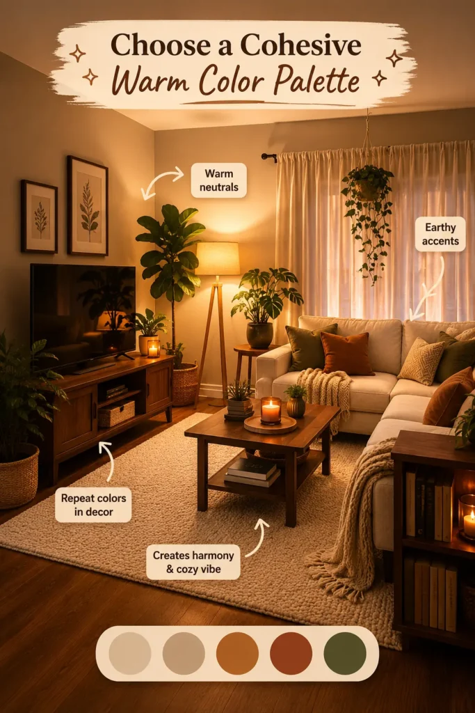 Cozy small apartment living room with warm neutral colors, earthy accent decor, olive green pillows, terracotta accents, layered textures, and soft lighting in a Pinterest aesthetic design.