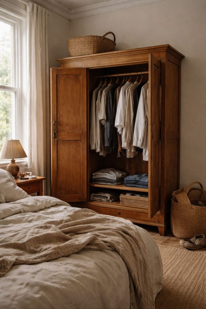 wooden armoire used as wardrobe storing clothes in small bedroom without closet