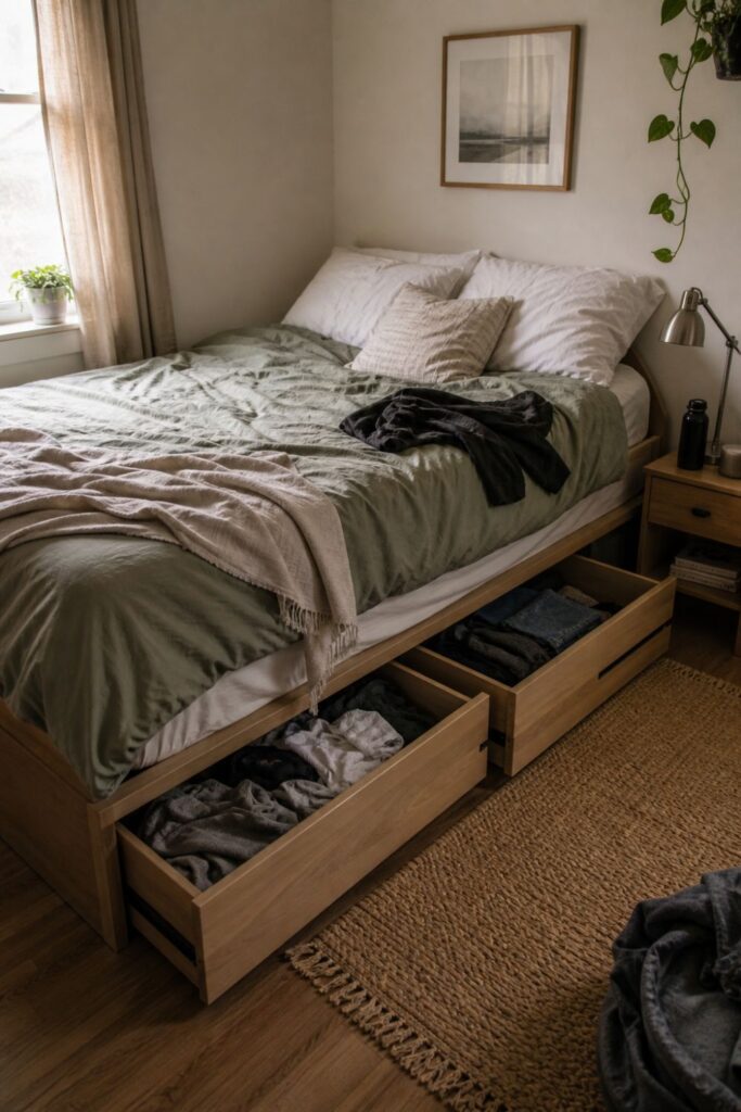 bed frame with built in drawers storing clothes in small bedroom without closet