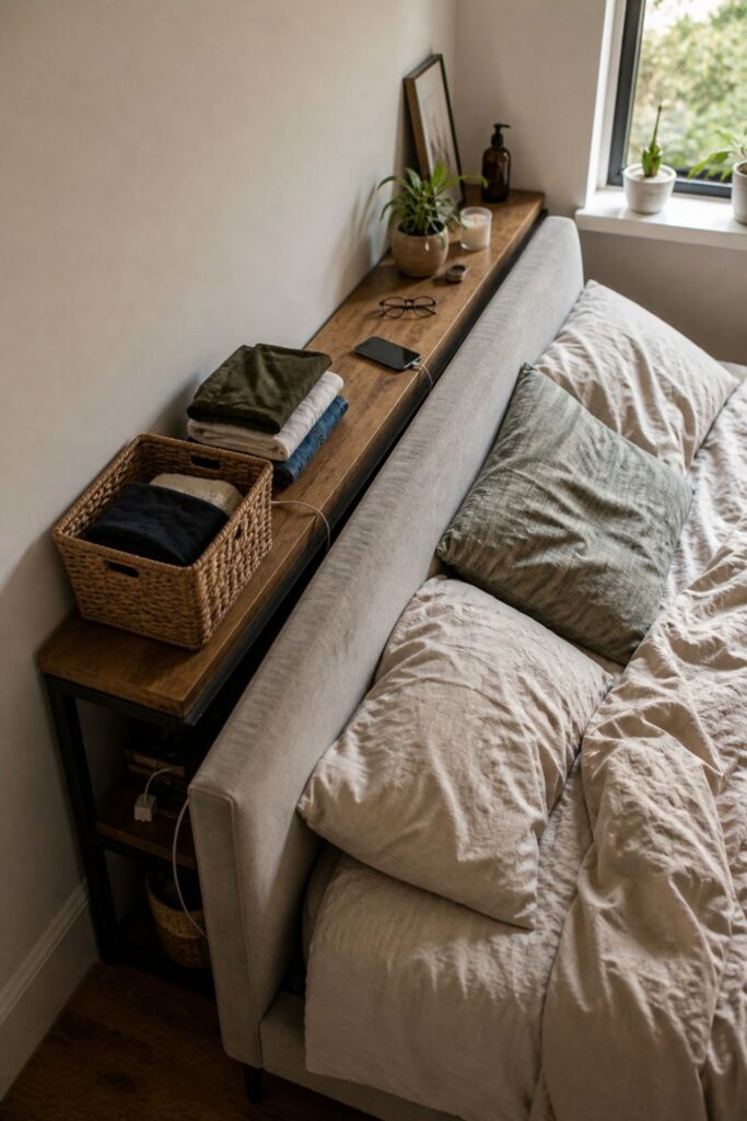 narrow storage shelf behind bed holding everyday items in small bedroom without closet