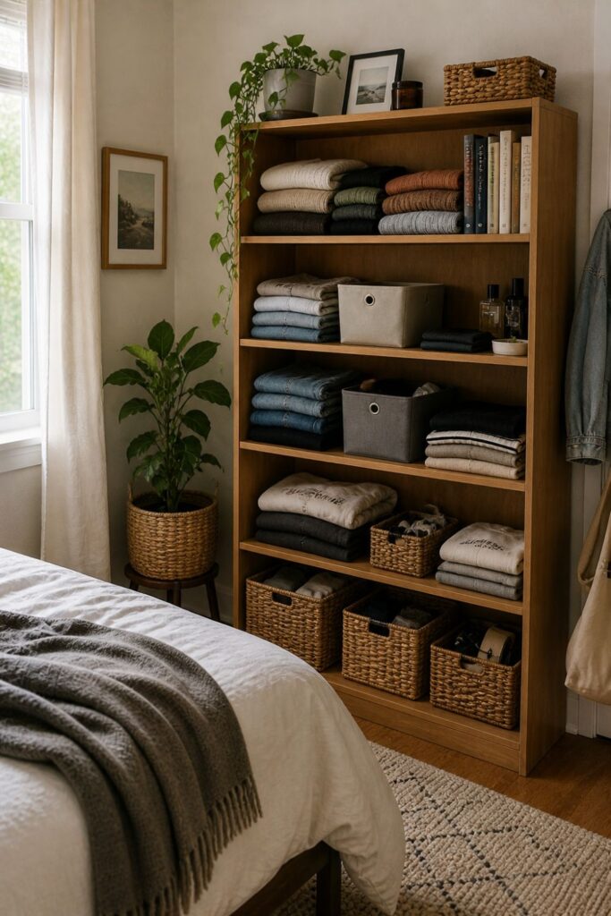 bookshelf used for storing folded clothes and baskets in a small bedroom without closet