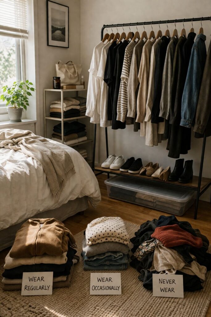 minimal capsule wardrobe with limited clothes on rack in small bedroom without closet
