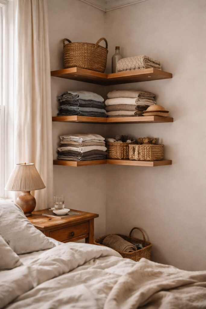 corner shelves used for folded clothes and storage boxes in small bedroom without closet
