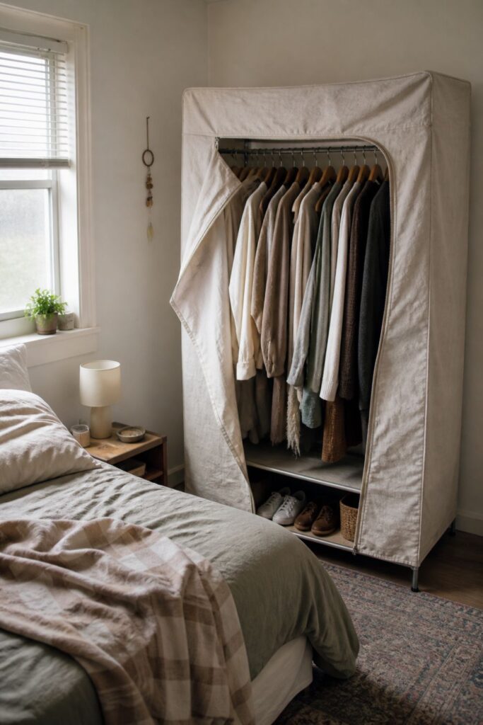 covered garment rack with clothes inside used as closet alternative in small bedroom