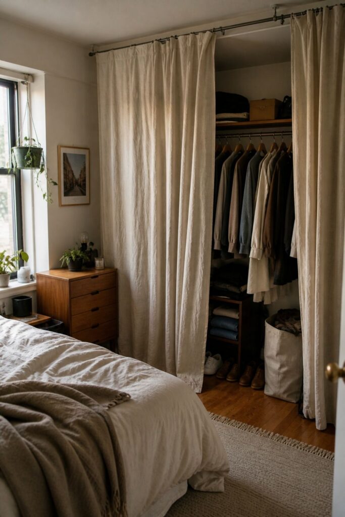 ceiling mounted curtain hiding clothing storage in small bedroom without closet