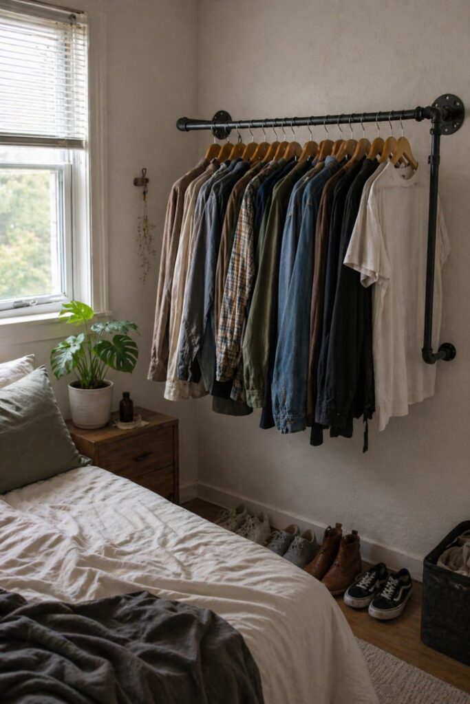 DIY pipe clothing rack mounted on wall holding clothes in small bedroom without closet